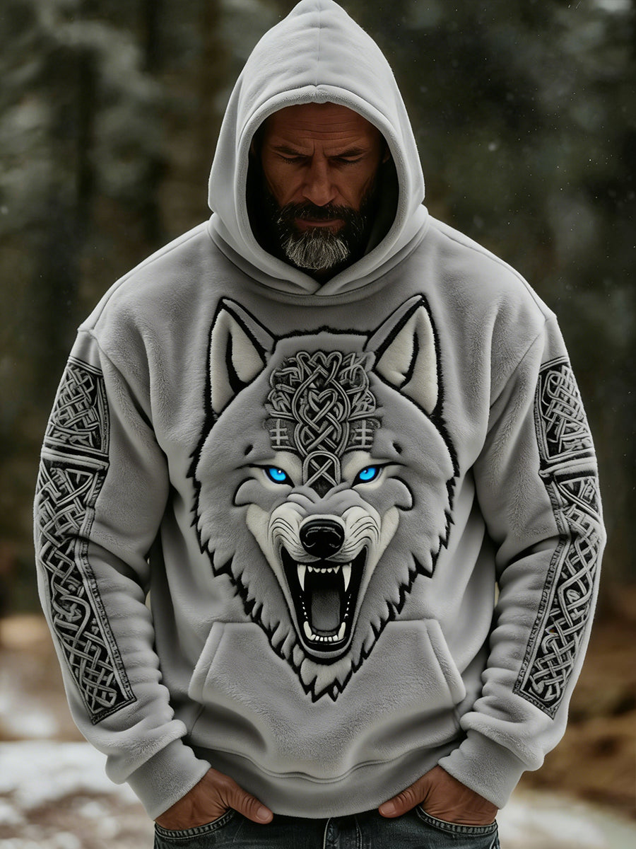 Męska ciepła bluza z kapturem z kapturem retro wiking wilk totem