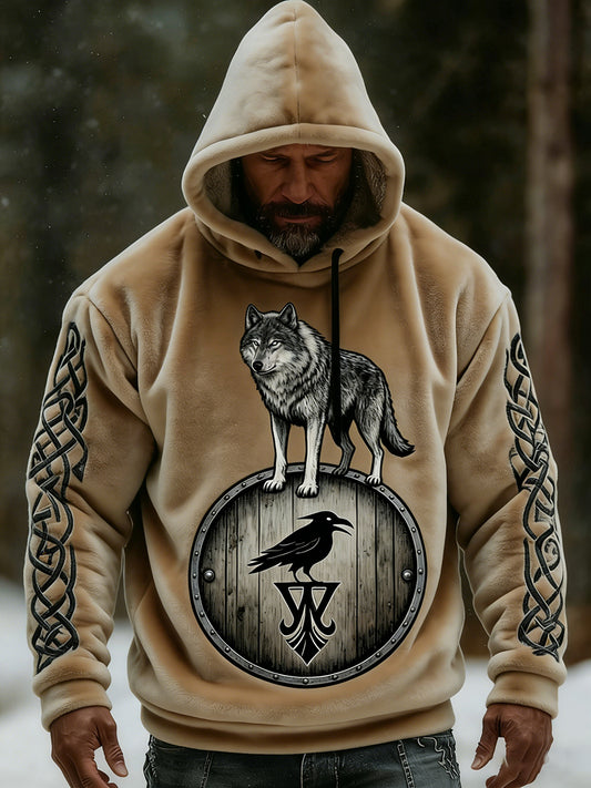 Męska ciepła bluza z kapturem z kapturem retro wiking wilk totem