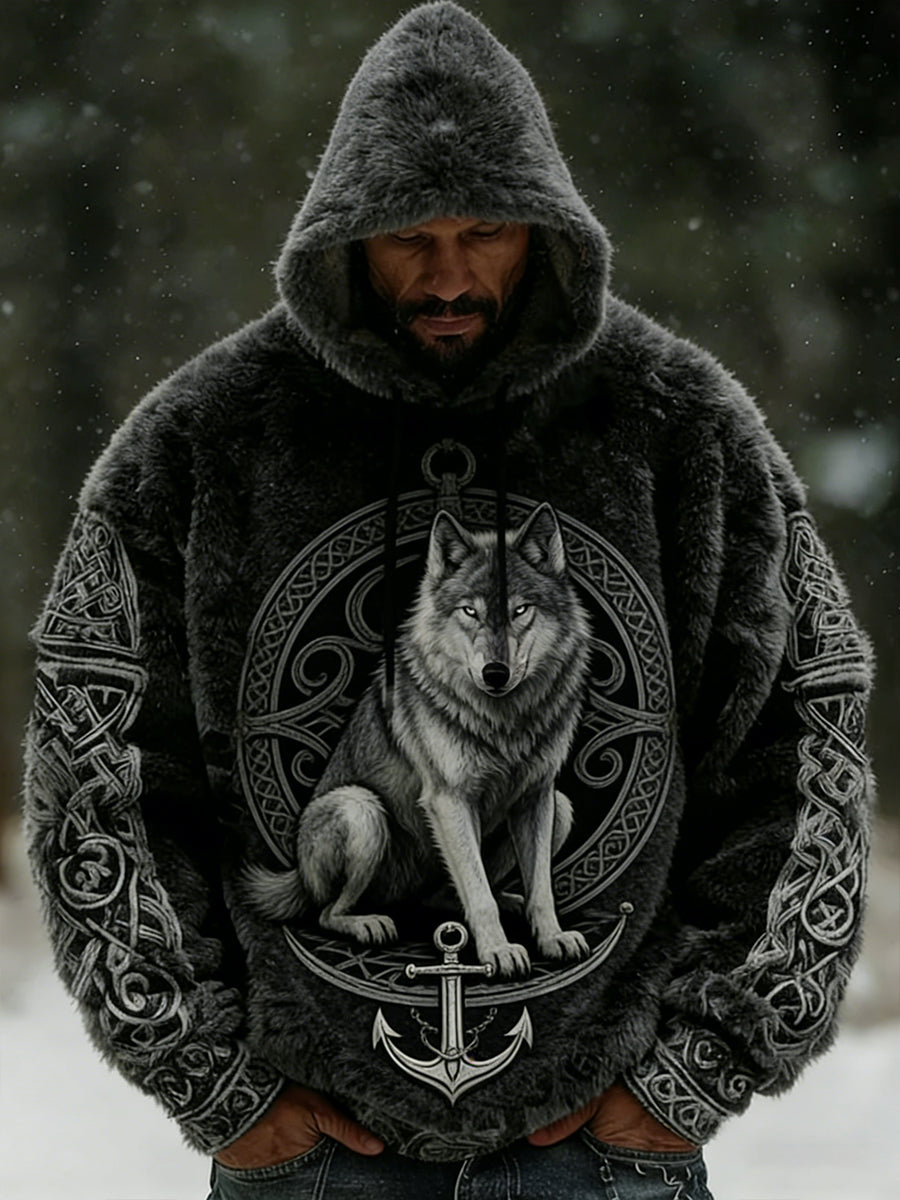 Męska ciepła bluza z kapturem z kapturem retro wiking wilk totem