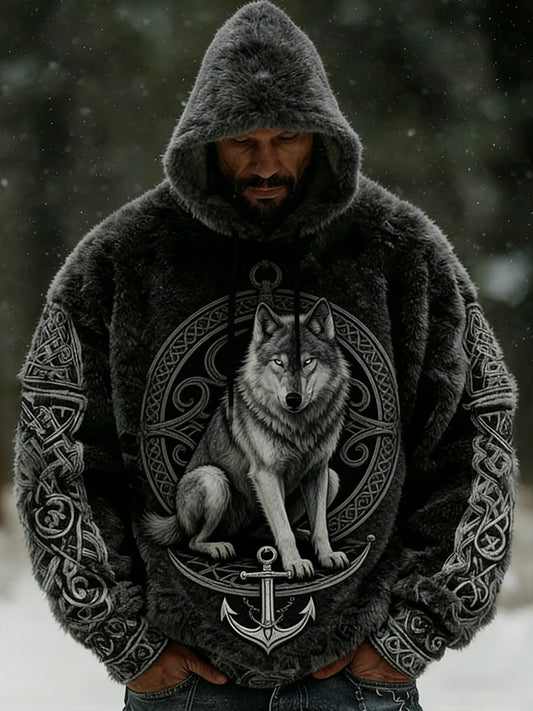Męska ciepła bluza z kapturem z kapturem retro wiking wilk totem