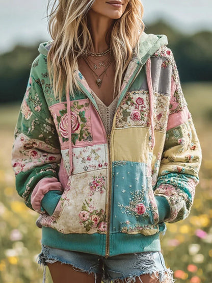 Damska koszulka z kapturem w stylu vintage z motywem patchworku, przytulna, ciepła bluza z kapturem
