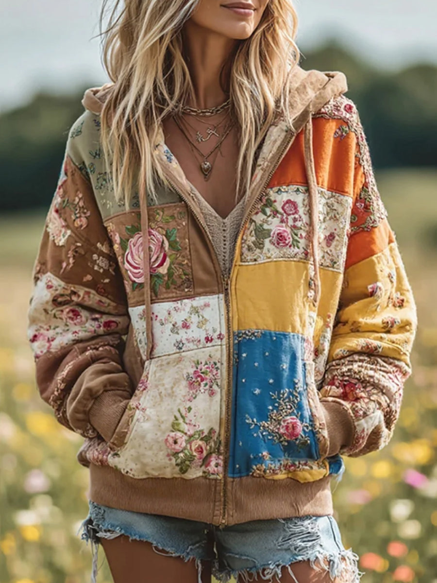Damska koszulka z kapturem w stylu vintage z motywem patchworku, przytulna, ciepła bluza z kapturem