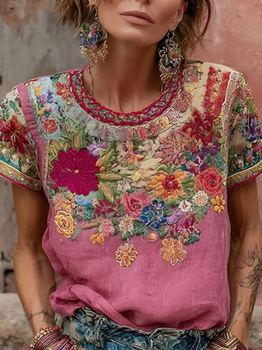 Damski różowy kwiatowy print Casual T-shirt