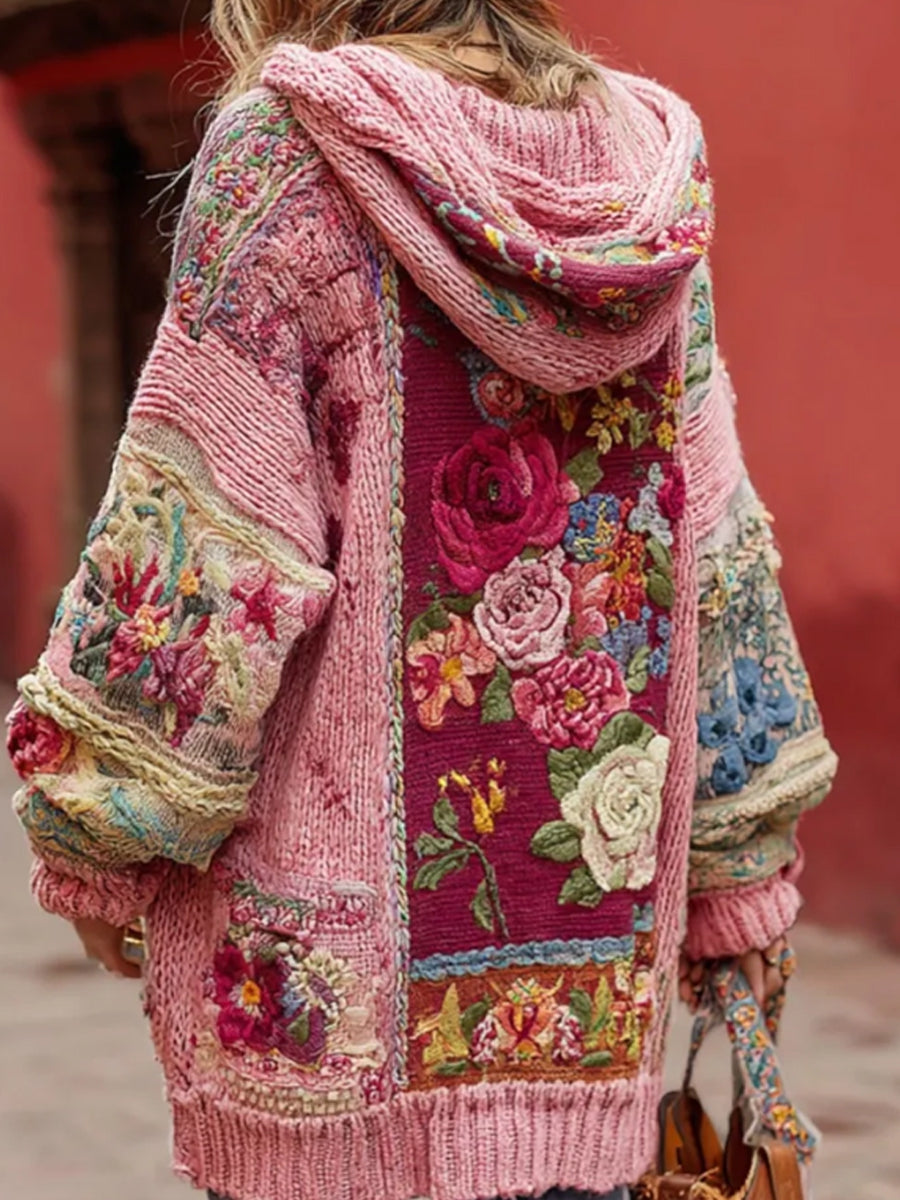 Damski sweter z kapturem i kapturem Świadomość na guziki w kwiaty