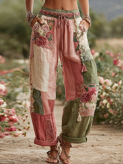 Damskie spodnie w stylu vintage z różą i kwiatem Patchwork Art Len