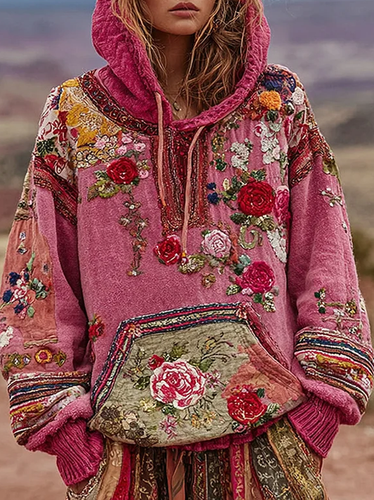 Damska botaniczna bluza z kapturem z kwiatowym nadrukiem