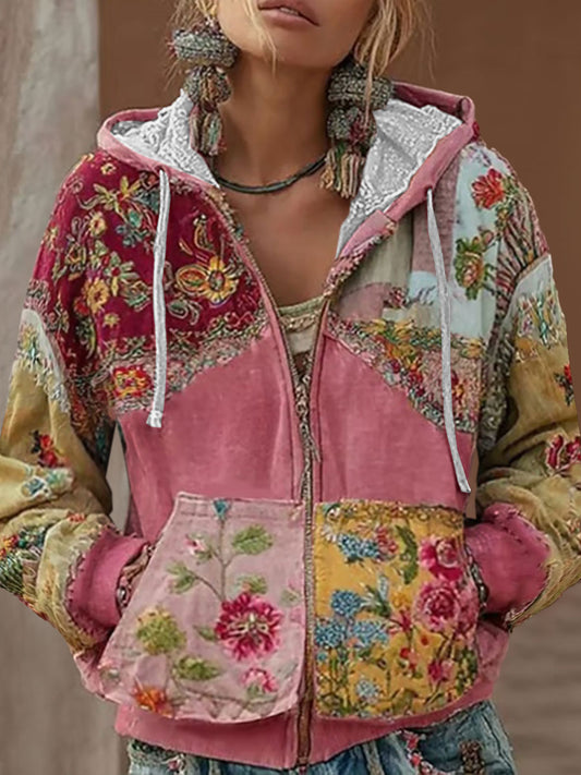 Damski różowy kwiatowy print Casual Zip-Up Top