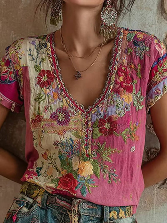 Damski różowy kwiatowy print Casual T-shirt