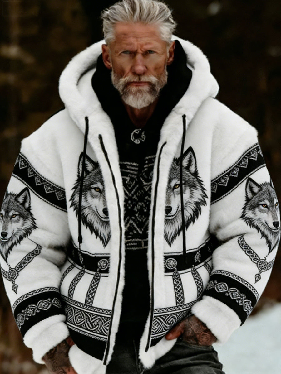 Męskie Retro Viking Wolf Totem Flanelowa ciepła bluza z kapturem w stylu celtyckim