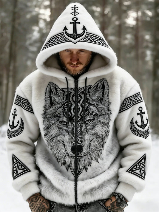 Męskie Retro Viking Wolf Totem Flanelowa ciepła bluza z kapturem w stylu celtyckim