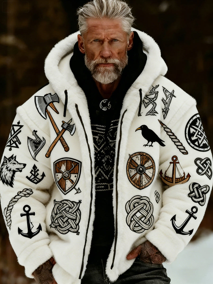 Męskie Retro Viking Wolf Totem Flanelowa ciepła bluza z kapturem w stylu celtyckim