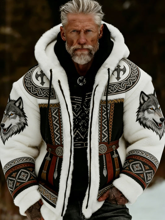 Męskie Retro Viking Wolf Totem Flanelowa ciepła bluza z kapturem w stylu celtyckim