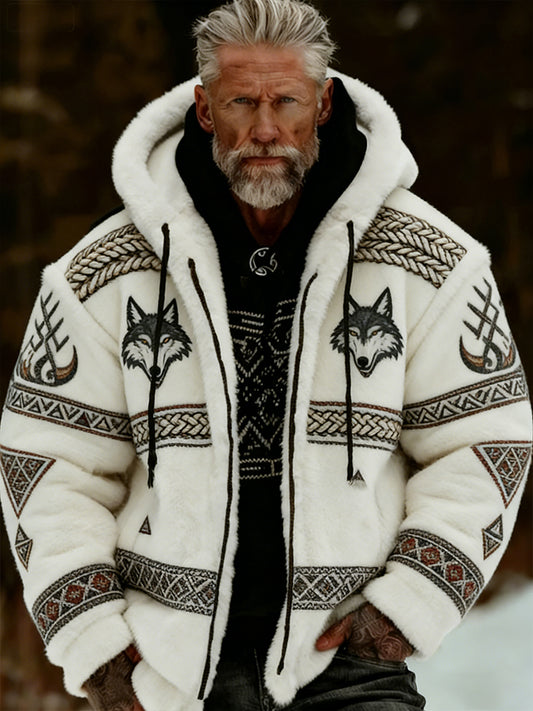 Męskie Retro Viking Wolf Totem Flanelowa ciepła bluza z kapturem w stylu celtyckim