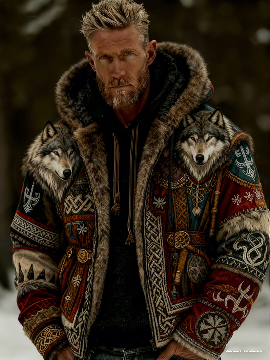 Męskie Retro Viking Wolf Totem Flanelowa ciepła bluza z kapturem w stylu celtyckim