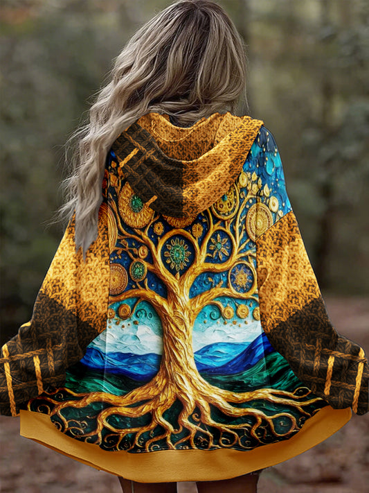 Damskie Vintage Drzewo Życia Celtyckie Grube Wygodny Dzianiny Kardigan Z Kapturem