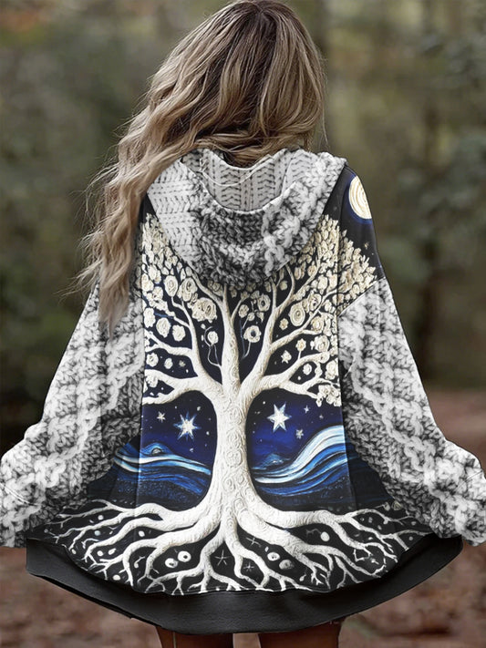 Damskie Vintage Drzewo Życia Celtyckie Grube Wygodny Dzianiny Kardigan Z Kapturem