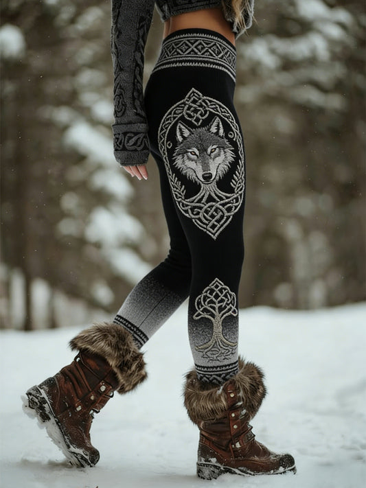 Damskie Retro Viking Wolf Celtic Knot Drzewo Życia Gradient Sportowe Stretch Legginsy