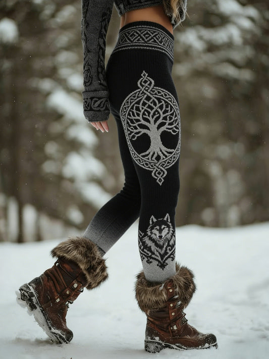 Damskie Retro Viking Wolf Celtic Knot Drzewo Życia Gradient Sportowe Stretch Legginsy