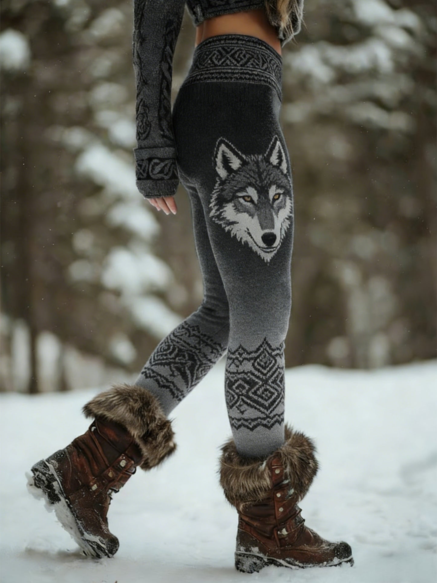 Damskie Retro Viking Wolf Celtic Knot Drzewo Życia Gradient Sportowe Stretch Legginsy