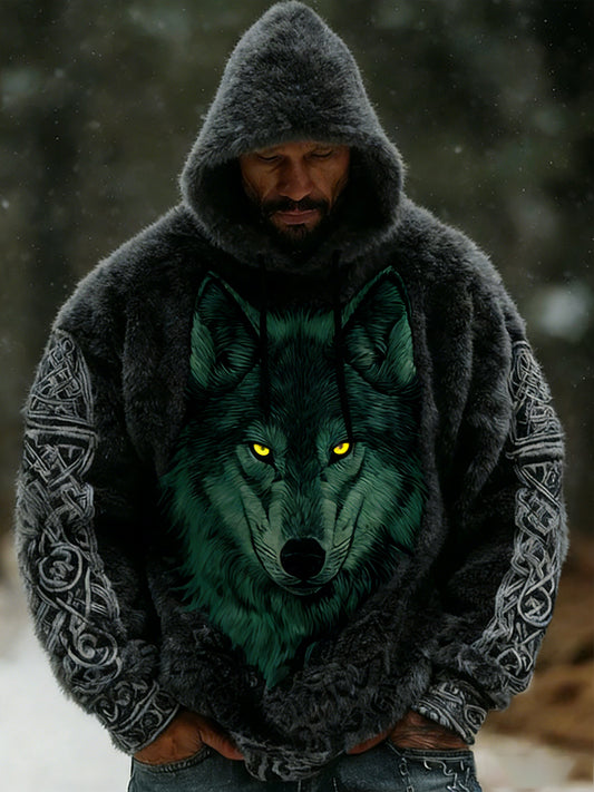 Męskie Retro Viking celtycki wzór pluszowa ciepła kurtka z kapturem z kapturem