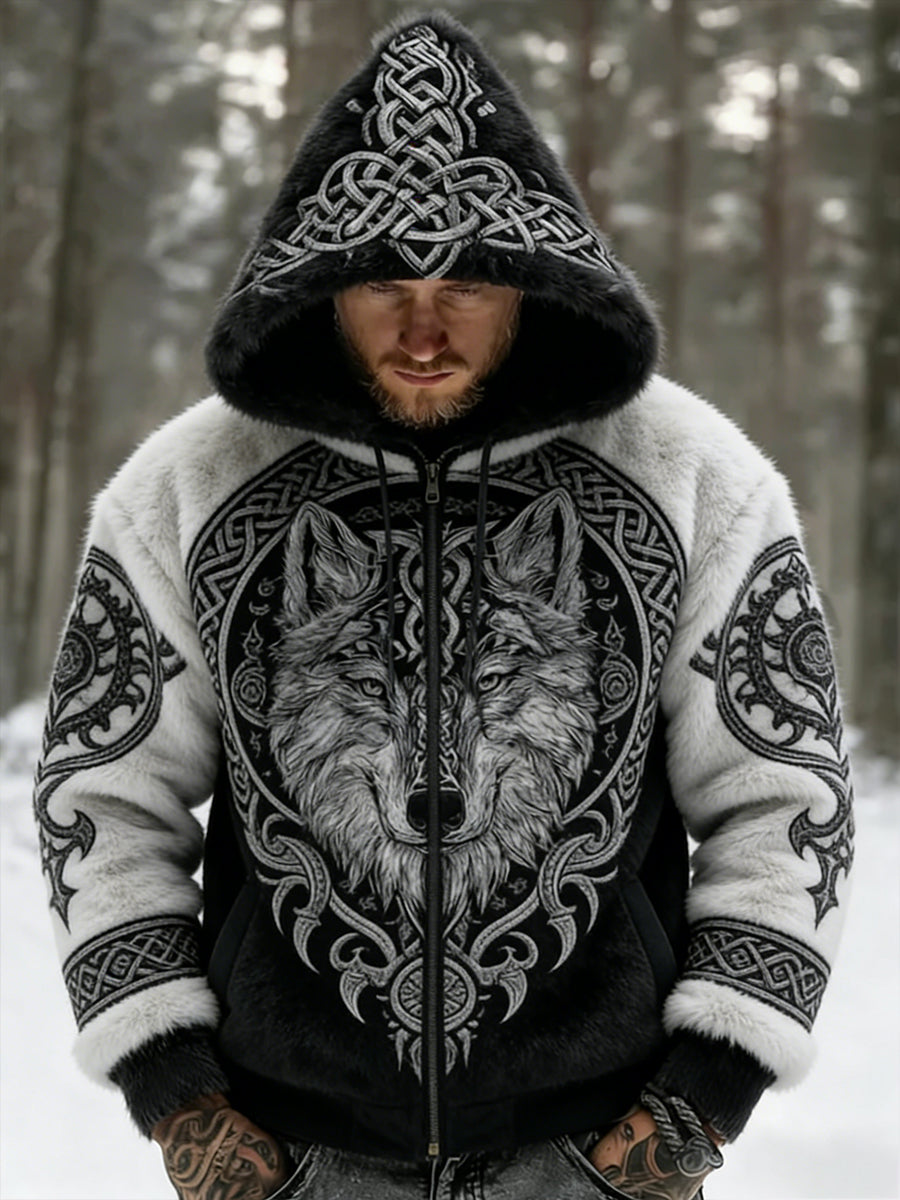 Męskie Retro Viking Wolf Totem Flanelowa ciepła bluza z kapturem w stylu celtyckim