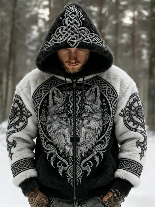 Męskie Retro Viking Wolf Totem Flanelowa ciepła bluza z kapturem w stylu celtyckim