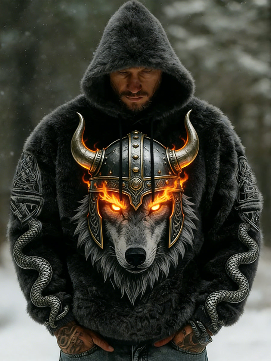 Męskie Retro Viking celtycki wzór pluszowa ciepła kurtka z kapturem z kapturem