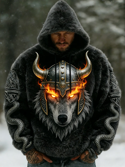 Męskie Retro Viking celtycki wzór pluszowa ciepła kurtka z kapturem z kapturem