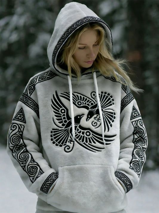 Damska vintage Nordic Viking Raven Totem casualowa flanelowa bluza z kapturem