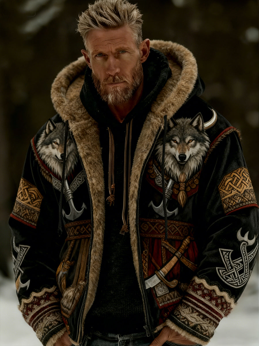 Męskie Retro Viking Wolf Totem Flanelowa ciepła bluza z kapturem w stylu celtyckim