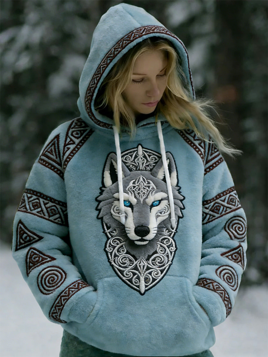 Damska vintage Nordic Viking Wolf Totem Casualowa flanelowa bluza z kapturem