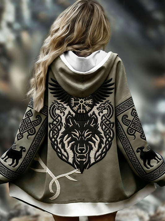 Damska Vintage Nordic Mythology Raven Totem Casualowa kurtka z kapturem