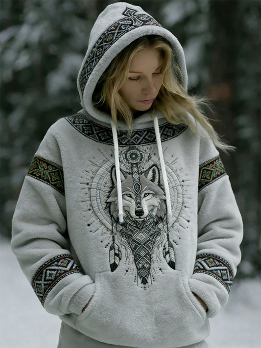 Damska vintage Viking Wolf Totem Casualowa flanelowa bluza z kapturem