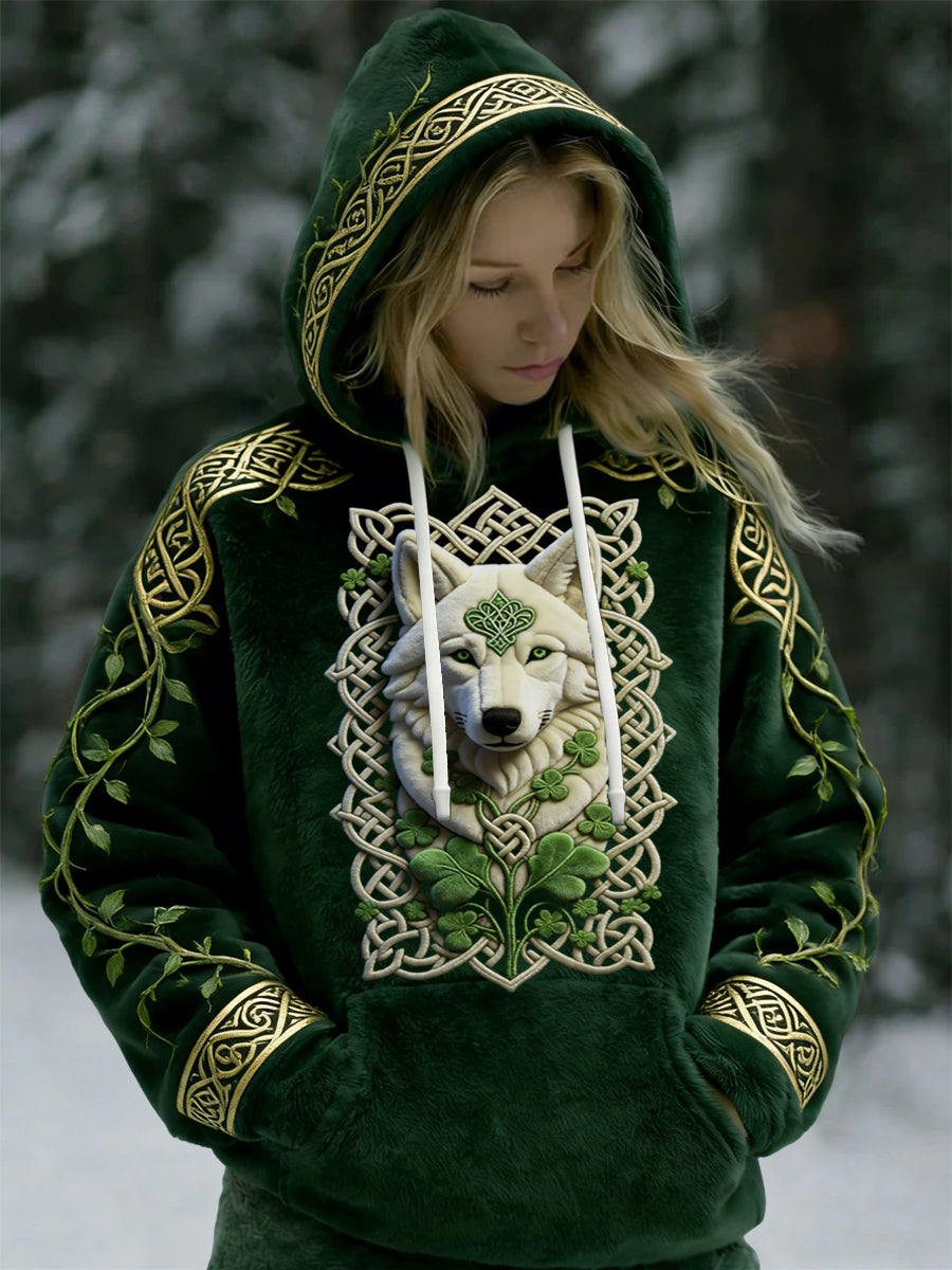 Damska vintage Nordic Wolf Totem Casual Flanelowa bluza z kapturem
