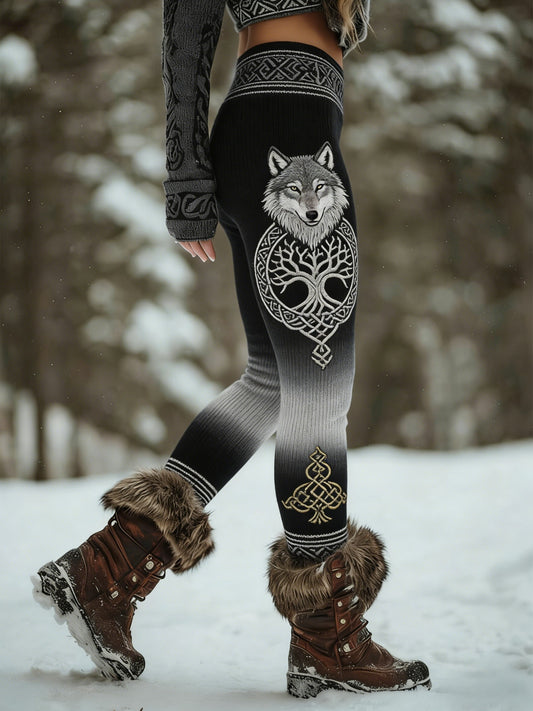 Damskie Viking Wolf Celtic Knot Drzewo Życia Gradient Sportowe Stretch Legginsy