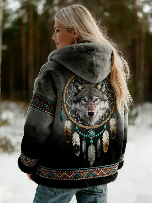 Damski Vintage Viking Celtic Knot Wolf Print Gradient Flanela Kurtka