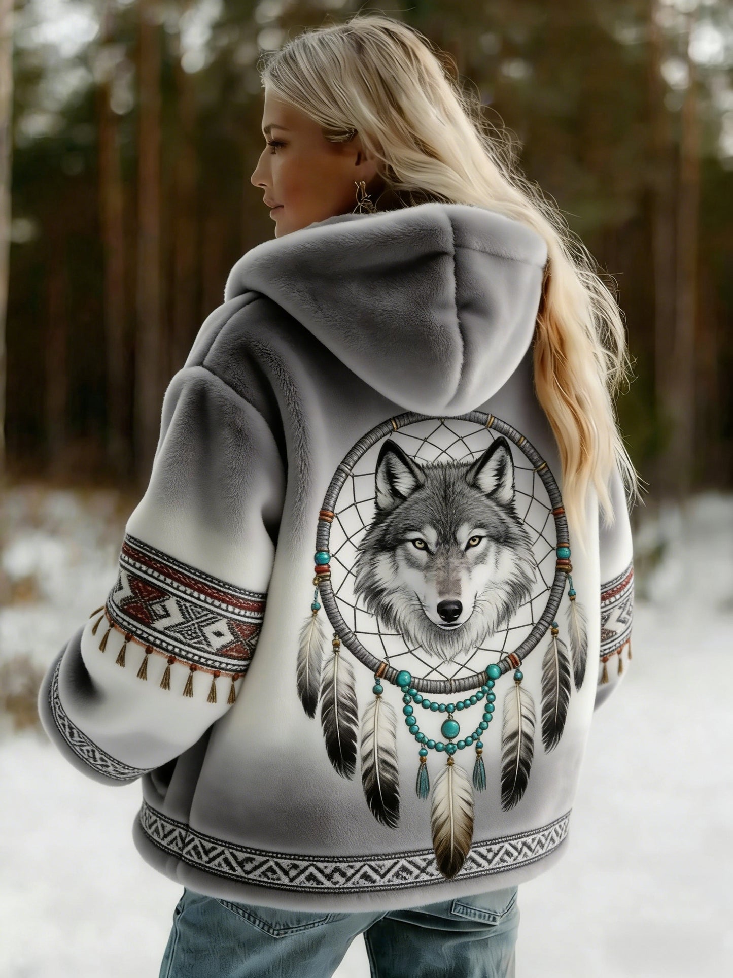 Damski Vintage Viking Celtic Knot Wolf Print Gradient Flanela Kurtka