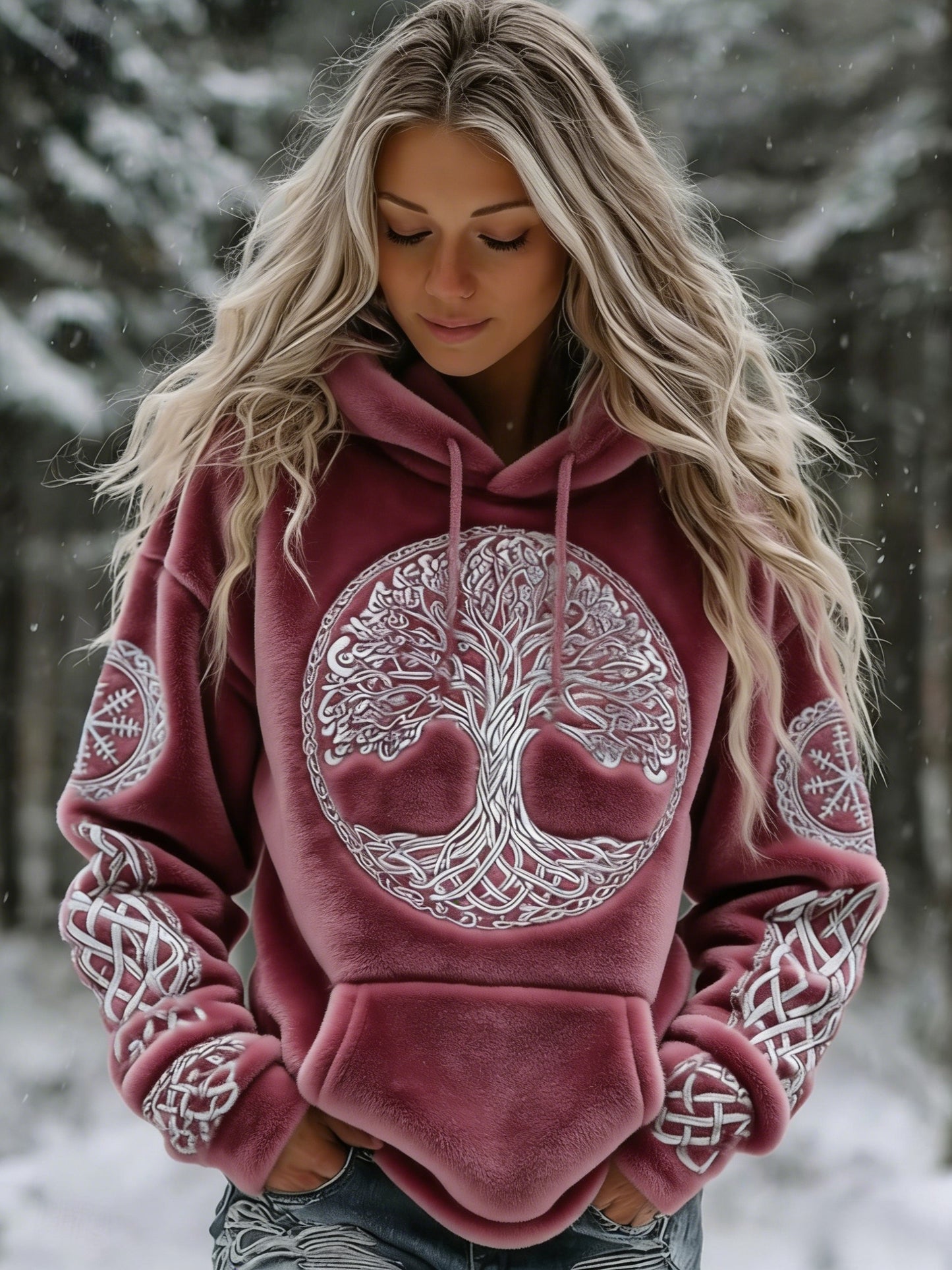 Damska Vintage Viking Celtic Knot Drzewo Życia Casualowa Flanelowa Bluza