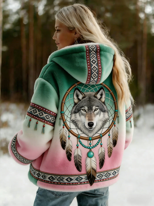 Damski Vintage Viking Celtic Knot Wolf Print Gradient Flanela Kurtka