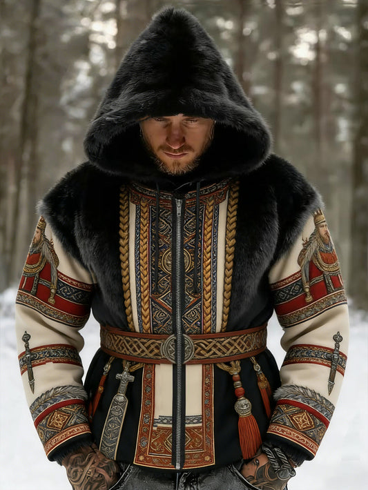 Męskie Retro Viking Wolf Totem Flanelowa ciepła bluza z kapturem w stylu celtyckim