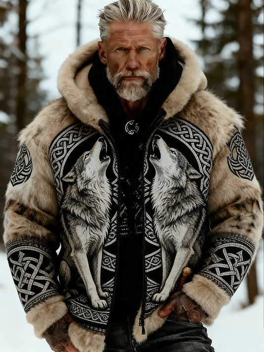 Męskie Retro Viking Wolf Totem Flanelowa ciepła bluza z kapturem w stylu celtyckim