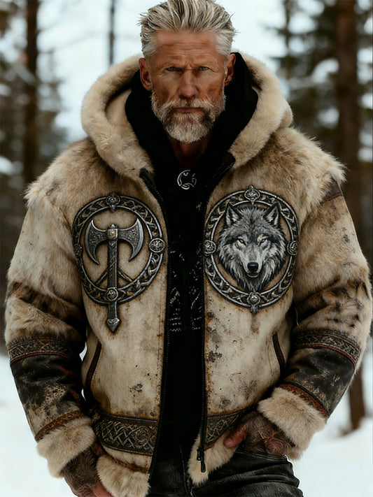 Męskie Retro Viking Wolf Totem Flanelowa ciepła bluza z kapturem w stylu celtyckim