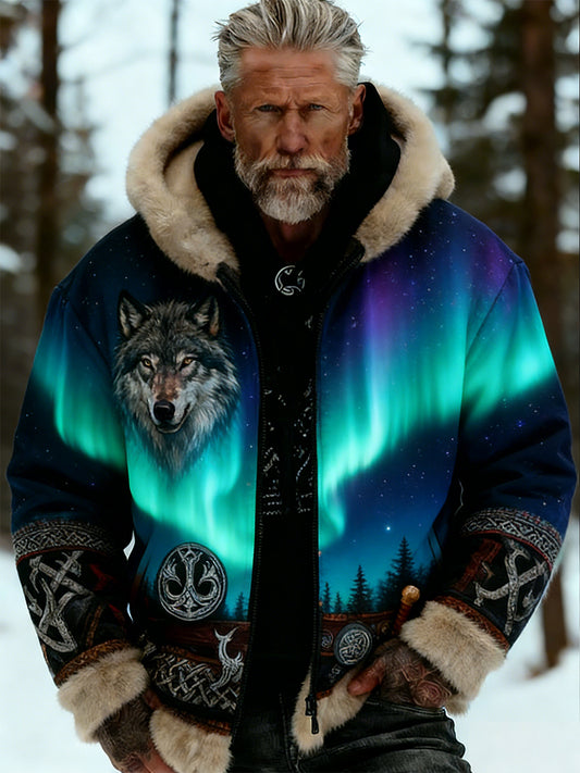 Męskie Retro Viking Wolf Totem Flanelowa ciepła bluza z kapturem w stylu celtyckim