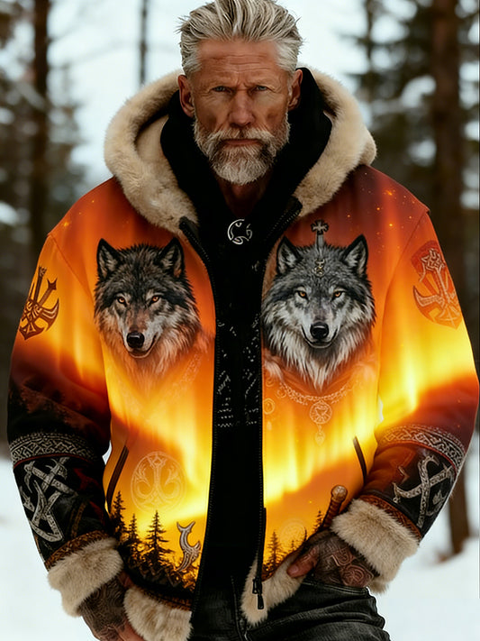 Męskie Retro Viking Wolf Totem Flanelowa ciepła bluza z kapturem w stylu celtyckim