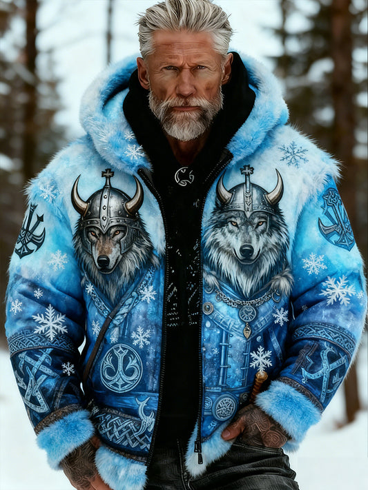 Męskie Retro Viking Wolf Totem Flanelowa ciepła bluza z kapturem w stylu celtyckim