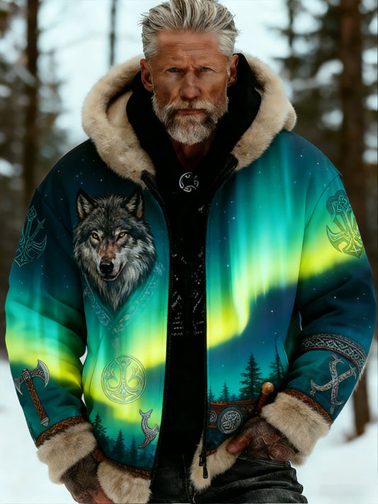 Męskie Retro Viking Wolf Totem Flanelowa ciepła bluza z kapturem w stylu celtyckim
