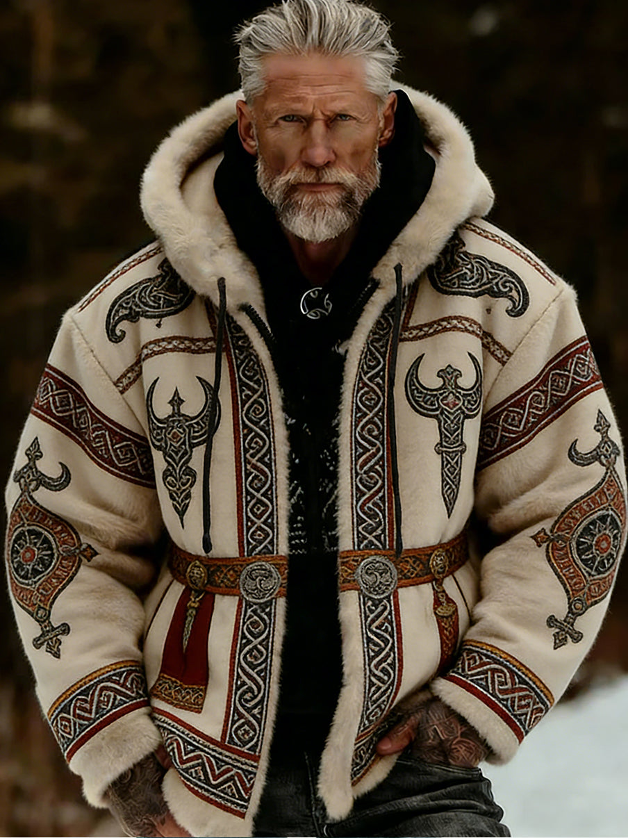 Męskie Retro Viking Wolf Totem Flanelowa ciepła bluza z kapturem w stylu celtyckim