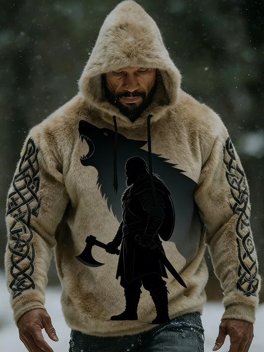 Męskie Retro Viking celtycki wzór pluszowa ciepła kurtka z kapturem z kapturem