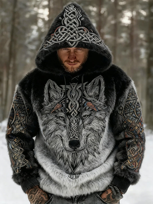 Męskie Retro Viking celtycki wzór pluszowa ciepła kurtka z kapturem z kapturem