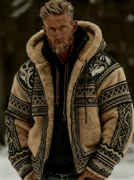 Męskie Retro Viking Wolf Totem Flanelowa ciepła bluza z kapturem w stylu celtyckim